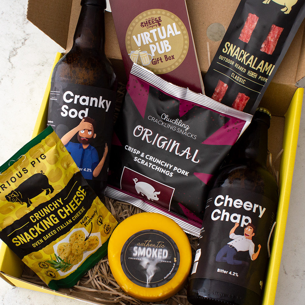 Chuckling Cheese Virtual Pub gift hamper with craft beers, pork scratchings, snacks and Smoked Cheddar