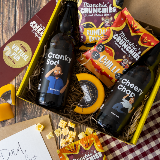 Virtual Pub Gift Box with Cranky Sod and Cheery Chap beers, smoked cheddar and Munchie’s Crunchies baked cheese snacks