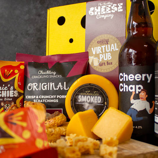 Chuckling Cheese Virtual Pub gift box with beer, Smoked Cheddar, pork scratchings and snacks