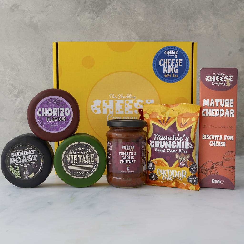 Father’s Day Cheese King Gift Box with Chorizo, Sunday Roast and Vintage cheese truckles, tomato chutney, mature cheddar biscuits and crunchy cheese snacks.