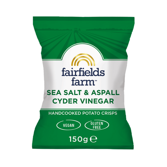 Packaging of Fairfields Farm sea salt and aspall cider vinegar potato crisps on a white background