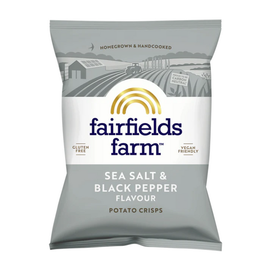 Packaging of Fairfields Farm potato crisps with a scenic background