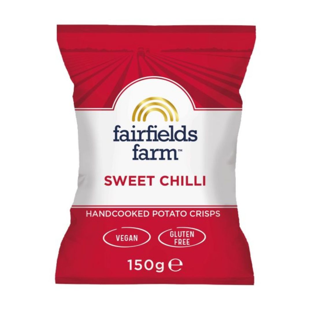 Pack of Fairfields Farm sweet chilli potato crisps on a white background
