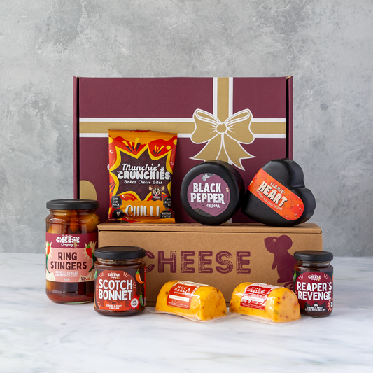 Spicy cheese hamper gift set with chilli cheddar truckles, chilli jams, spicy pickled onions and cheese snacks – All About The Burn Hamper