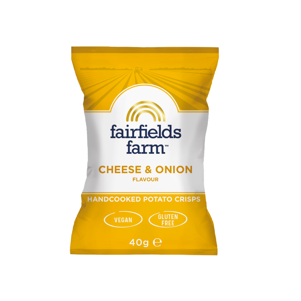 Fairfields Farm cheese and onion potato crisps packaging on a white background