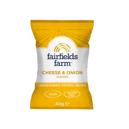 Fairfields Farm cheese and onion potato crisps packaging on a white background