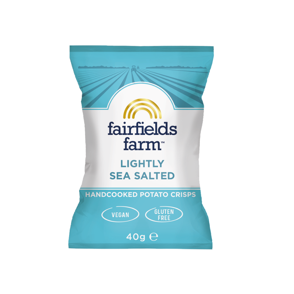 Pack of Fairfields Farm lightly sea salted handcooked potato crisps on a white background