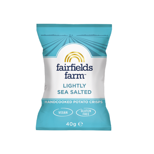 Pack of Fairfields Farm lightly sea salted handcooked potato crisps on a white background