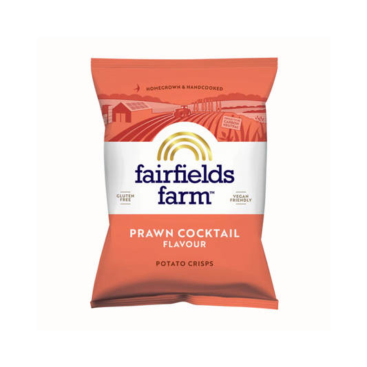 Pack of Fairfields Farm prawn cocktail flavor potato crisps on a white background