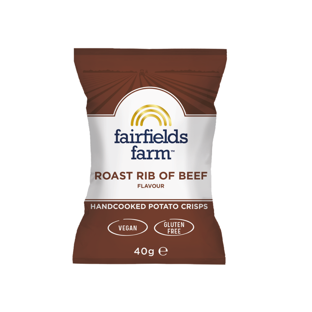 Pack of Fairfields Farm roast rib of beef flavored potato crisps on a white background