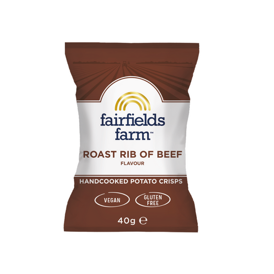 Pack of Fairfields Farm roast rib of beef flavored potato crisps on a white background