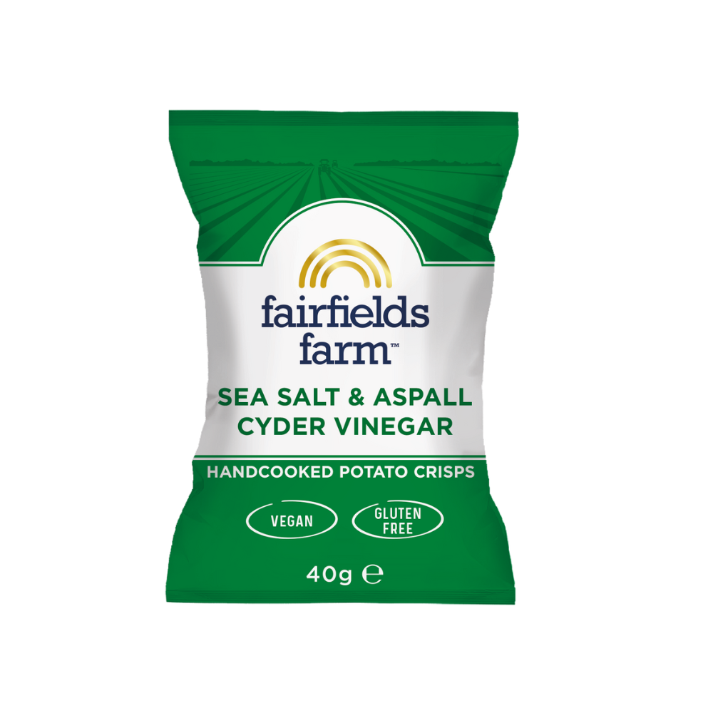 Green and white packaging of Fairfields Farm sea salt and aspall cyder vinegar potato crisps on a white background
