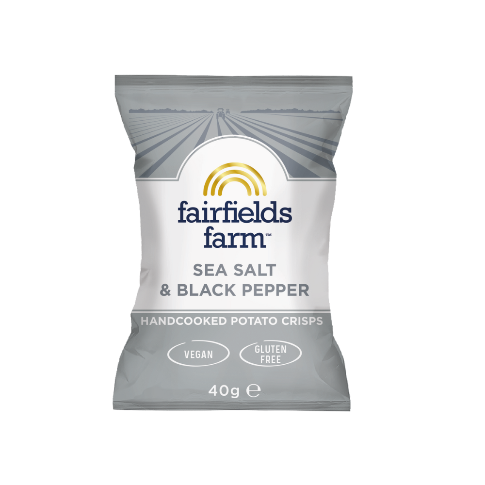 Pack of Fairfields Farm sea salt and black pepper crisps on a white background