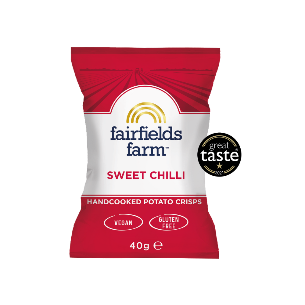 Red and white packet of Fairfields Farm sweet chilli potato crisps with a Great Taste award badge on a white background.