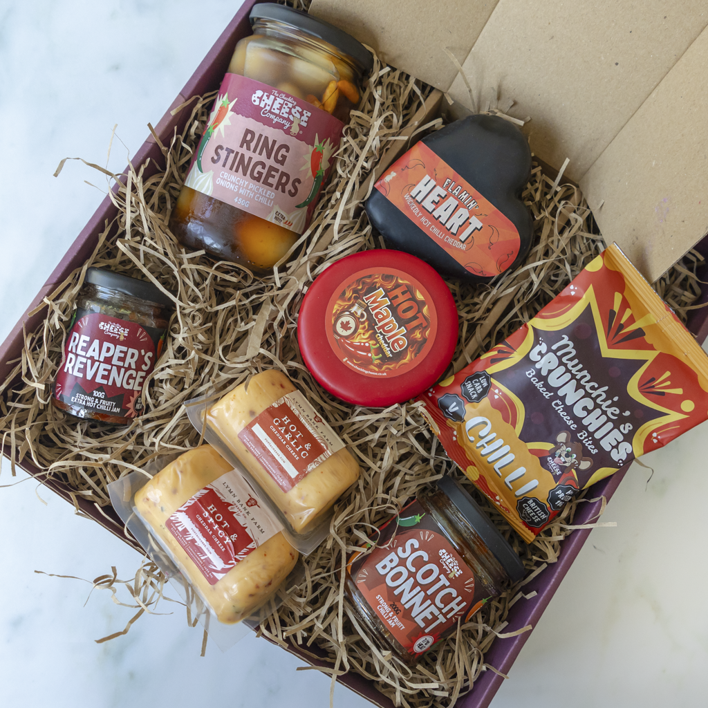 Open All About The Burn Hamper with spicy cheese, chilli jam, pickled onions and Crunchies