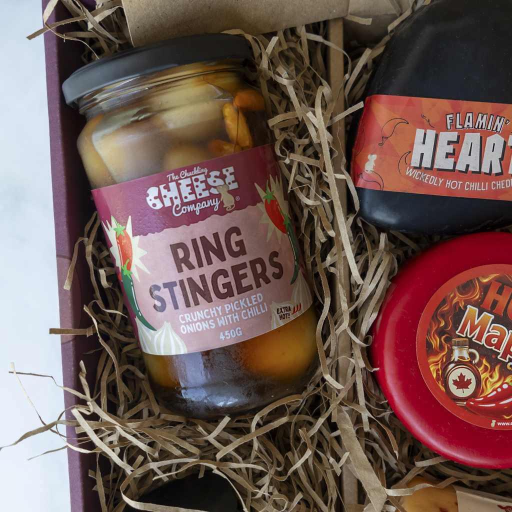 Ring Stingers pickled onions overhead inside All About The Burn Hamper