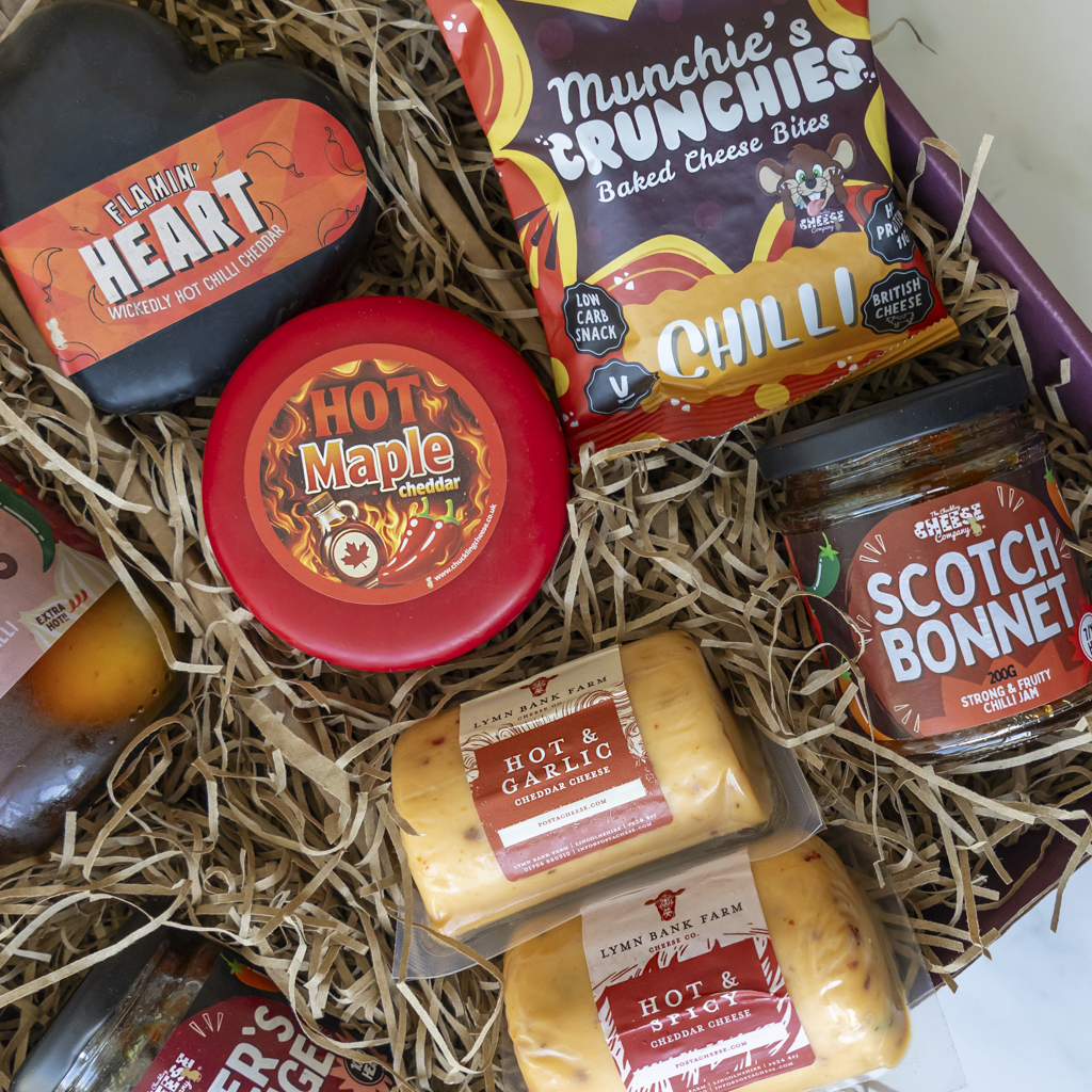 All About The Burn Hamper overhead with Flamin’ Heart, Hot Maple and Scotch Bonnet jam