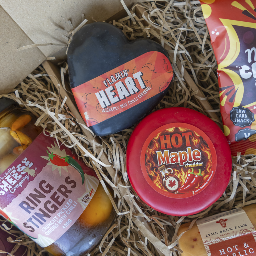 Flamin’ Heart Cheddar and Hot Maple Cheddar in spicy gift hamper