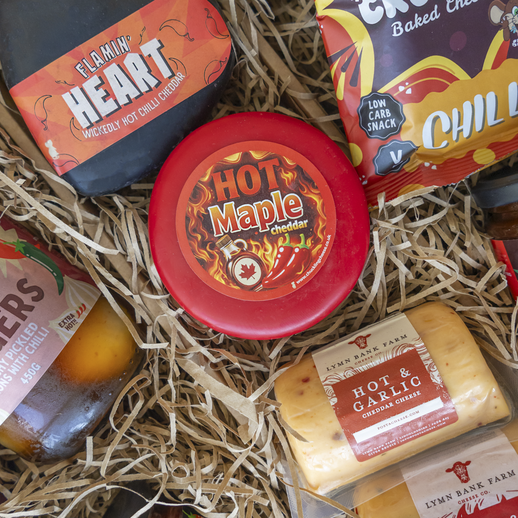 Hot Maple Cheddar with Hot & Garlic Barrel and Chilli Crunchies in hamper
