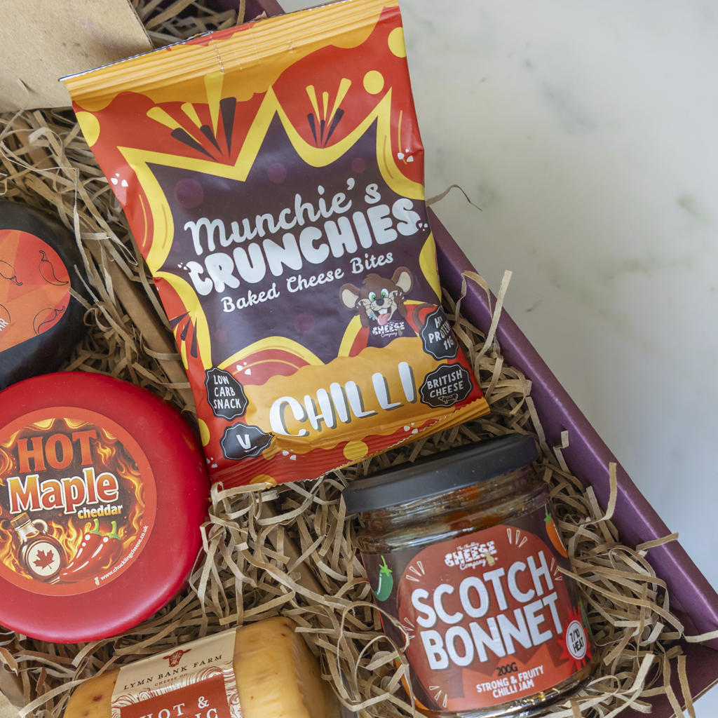 Chilli Munchie’s Crunchies and Scotch Bonnet Chilli Jam in spicy cheese hamper