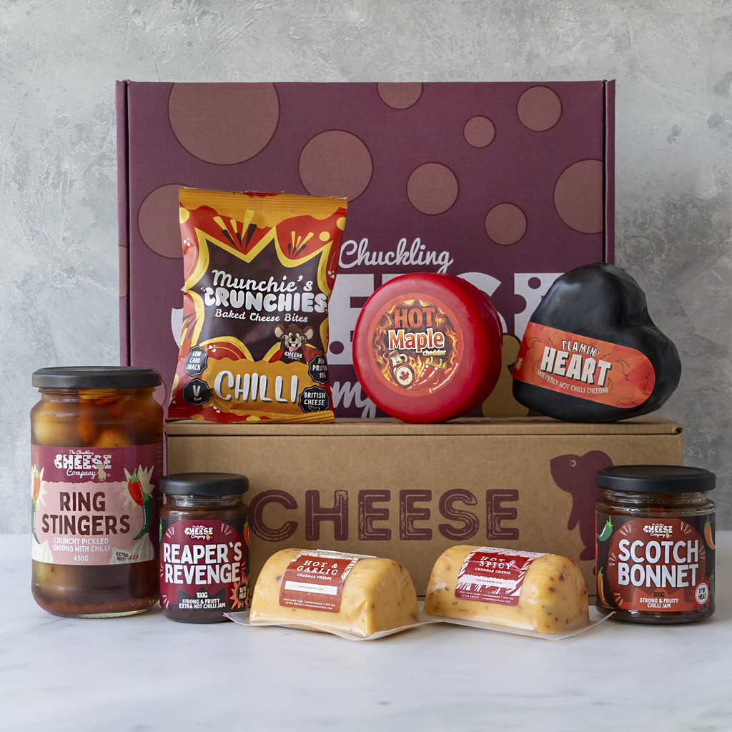 Chuckling Cheese All About The Burn Hamper with spicy cheeses, chilli jams and snacks