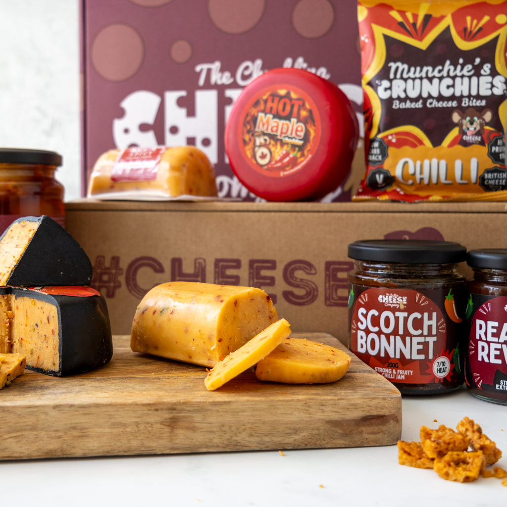 All About The Burn Hamper close up with Hot Maple Cheddar, Scotch Bonnet jam and spicy cheese