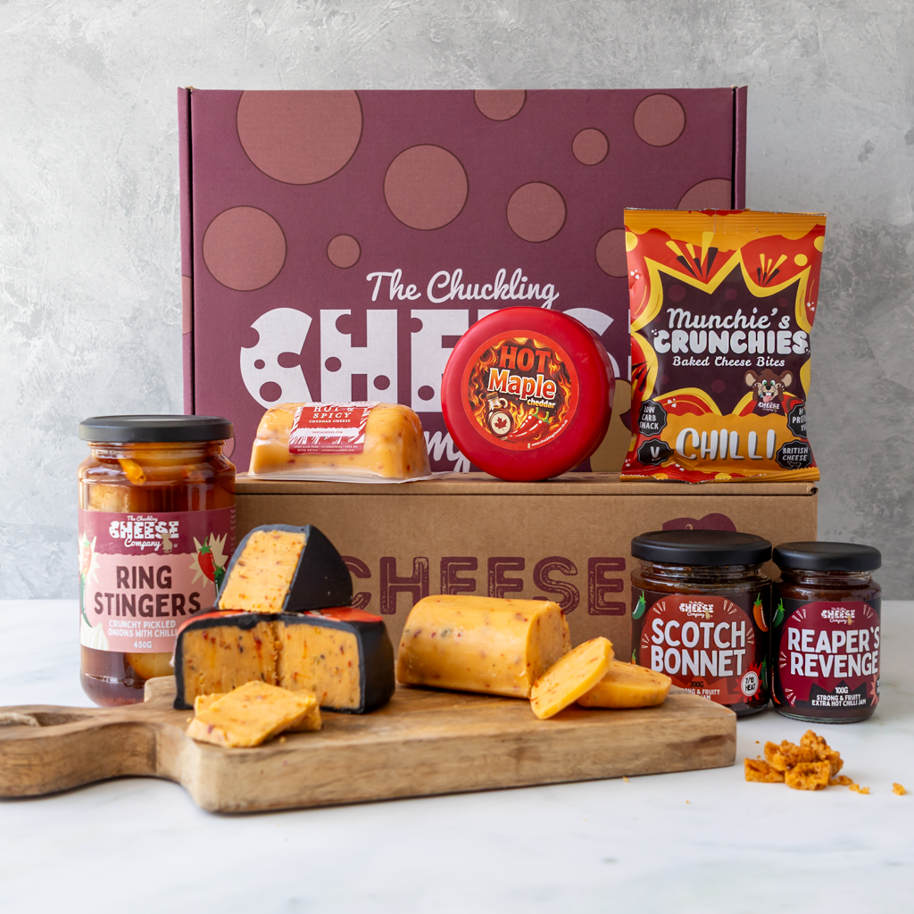 Chuckling Cheese spicy hamper display with chilli cheeses, jams, onions and snacks