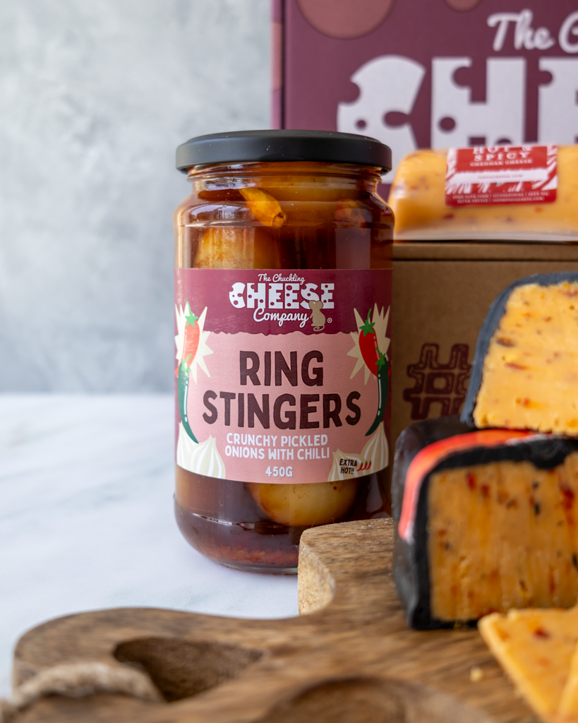 Ring Stingers pickled onions close up with spicy cheese from All About The Burn Hamper