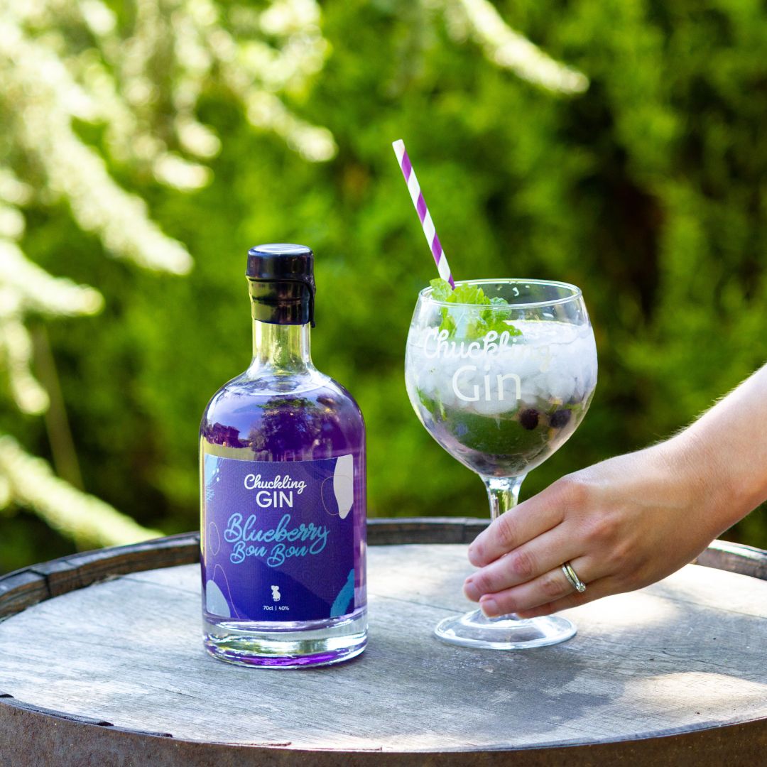 A bottle of Chilling Gin Blueberry Bon Bon Gin and a prepared cocktail in a glass on a wooden barrel, with a hand holding the glass against a blurred green outdoor background.