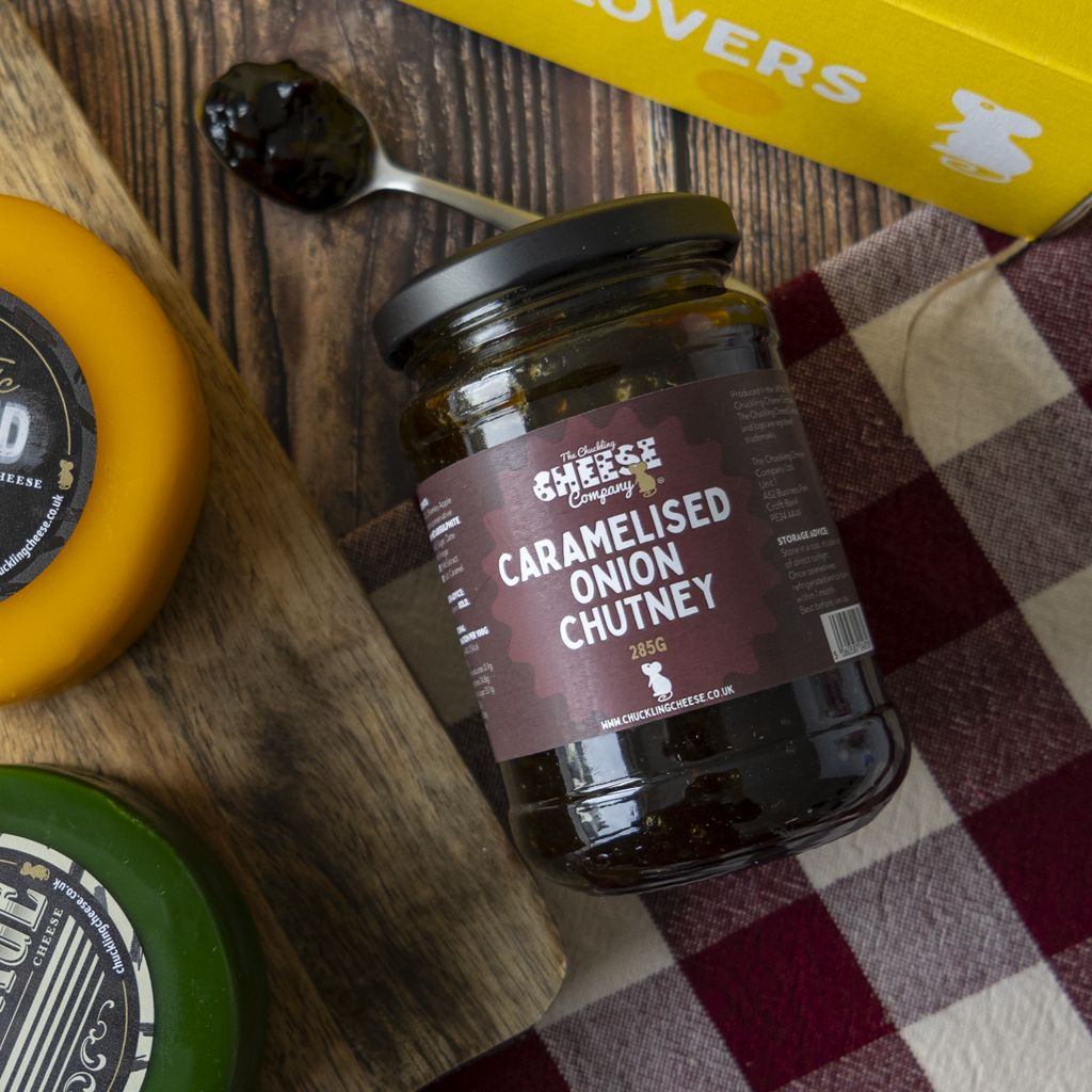 Caramelised Onion Chutney with assorted cheddar cheese truckles from the Classic Cheeseboard Gift Box.
