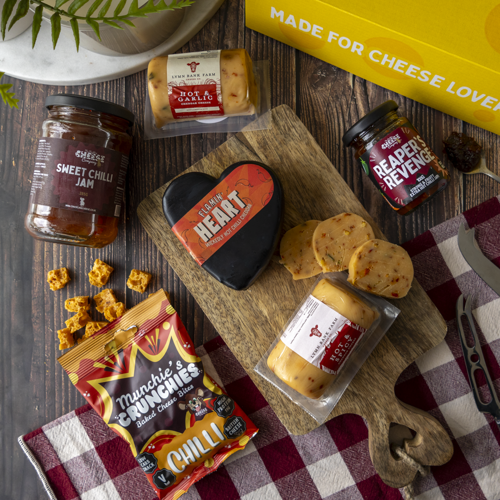 Chilli Lovers Gift Box with spicy cheddar cheeses, Sweet Chilli Jam, Reaper’s Revenge and Chilli Munchie’s Crunchies.