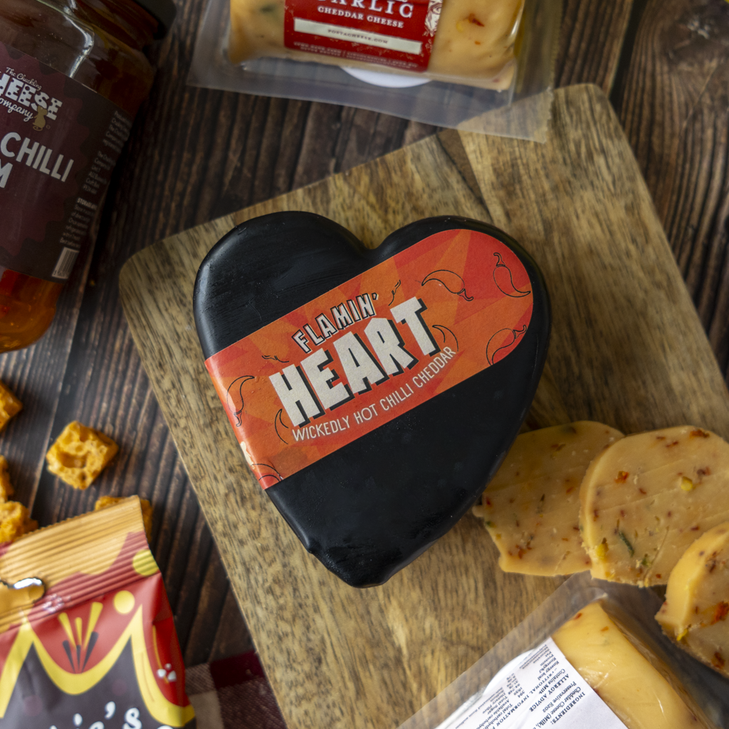 Flamin’ Heart Chilli Cheddar with crackers and other Chilli Lovers Gift Box treats.