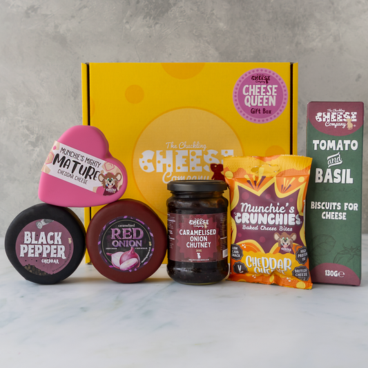 Cheese Queen Gift Box by The Chuckling Cheese Company with Red Onion and Black Pepper cheese truckles, chutney, biscuits and crunchy cheese snacks