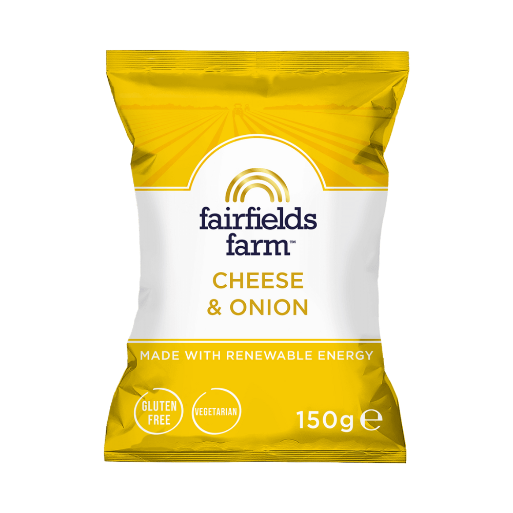 Packaged snack with Fairfield Farm's cheese & Onion Crisps on a white background
