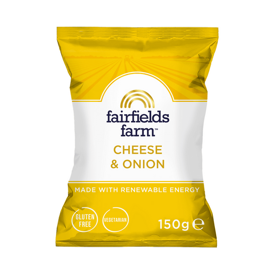 Packaged snack with Fairfield Farm's cheese & Onion Crisps on a white background