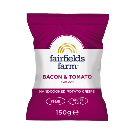 Pack of Fairfields Farm bacon & tomato flavored potato crisps on a white background