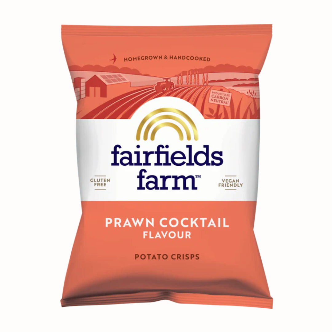 Packaging of Fairfields Farm prawn cocktail flavor potato crisps on a white background