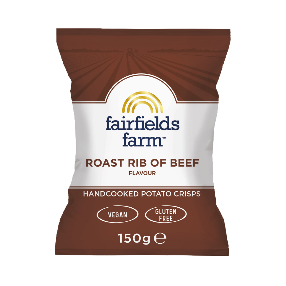 Pack of Fairfields Farm roast rib of beef flavor crisps on a white background