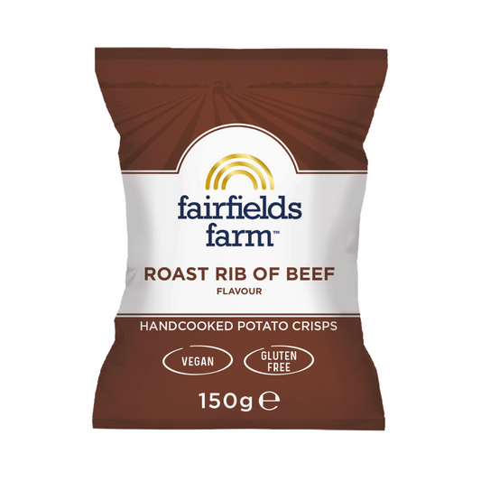 Pack of Fairfields Farm roast rib of beef flavor crisps on a white background