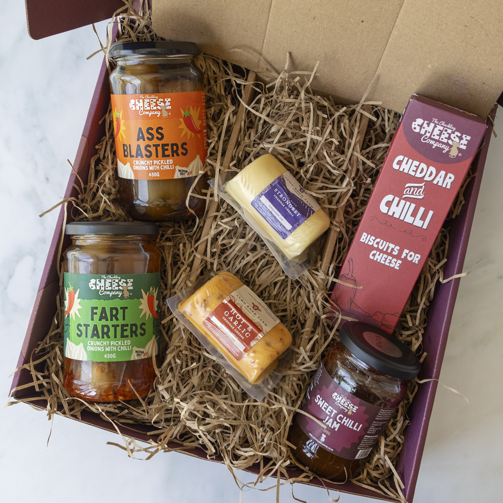 Open Farty Pants Gift Hamper with spicy cheese barrels, chilli jam and pickled onions