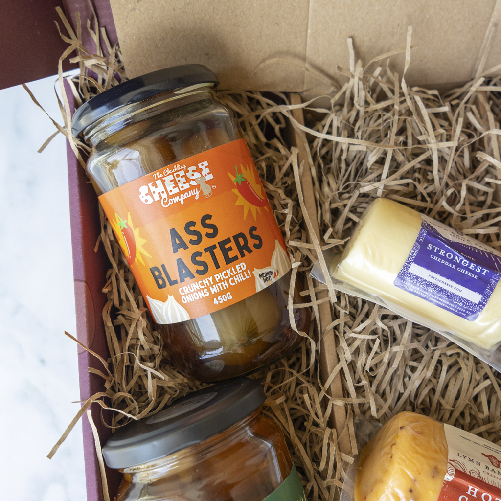 Ass Blasters pickled onions jar packed in Farty Pants Cheese Gift Hamper