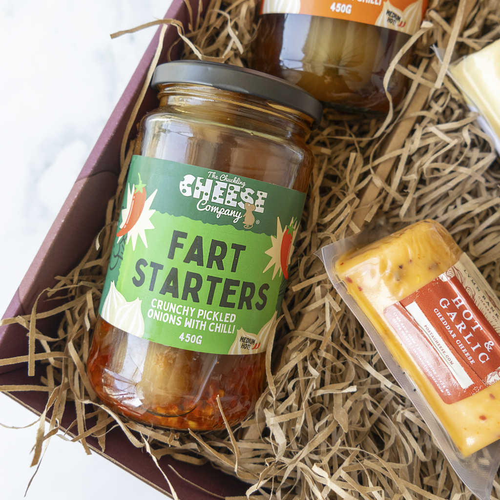 Fart Starters pickled onions and Hot & Garlic Cheddar from Farty Pants hamper