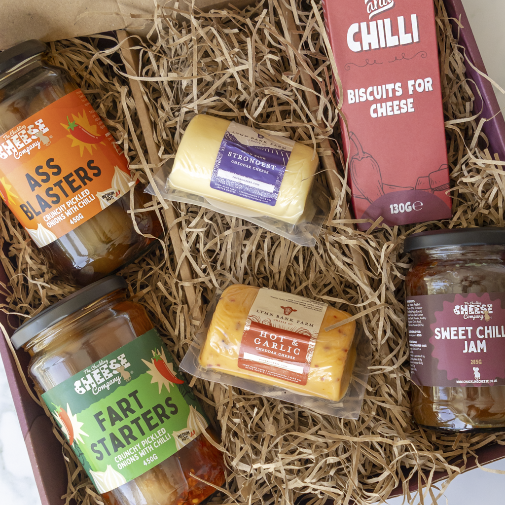 Open Farty Pants Cheese Gift Hamper packed with spicy cheese and pickles