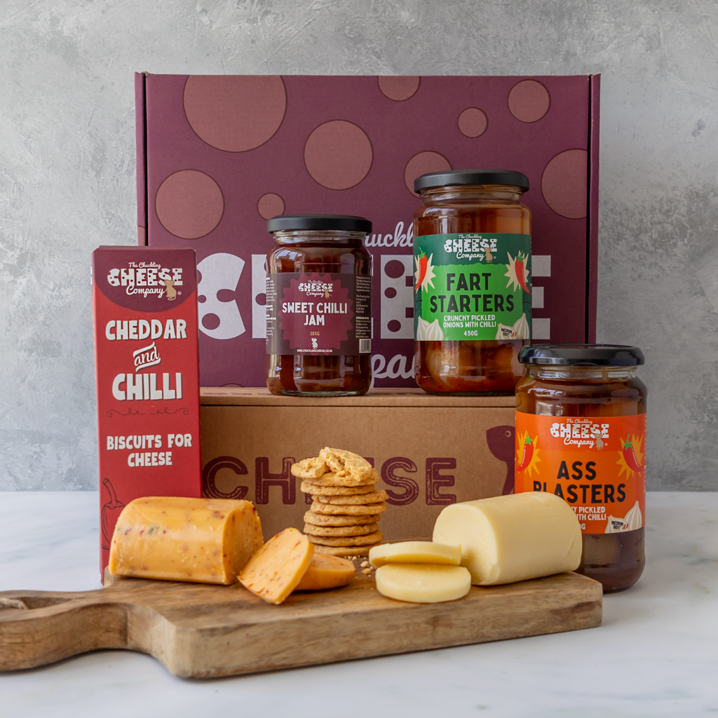 Farty Pants Cheese Gift Hamper with red gift box, cheese, chilli snacks and pickles