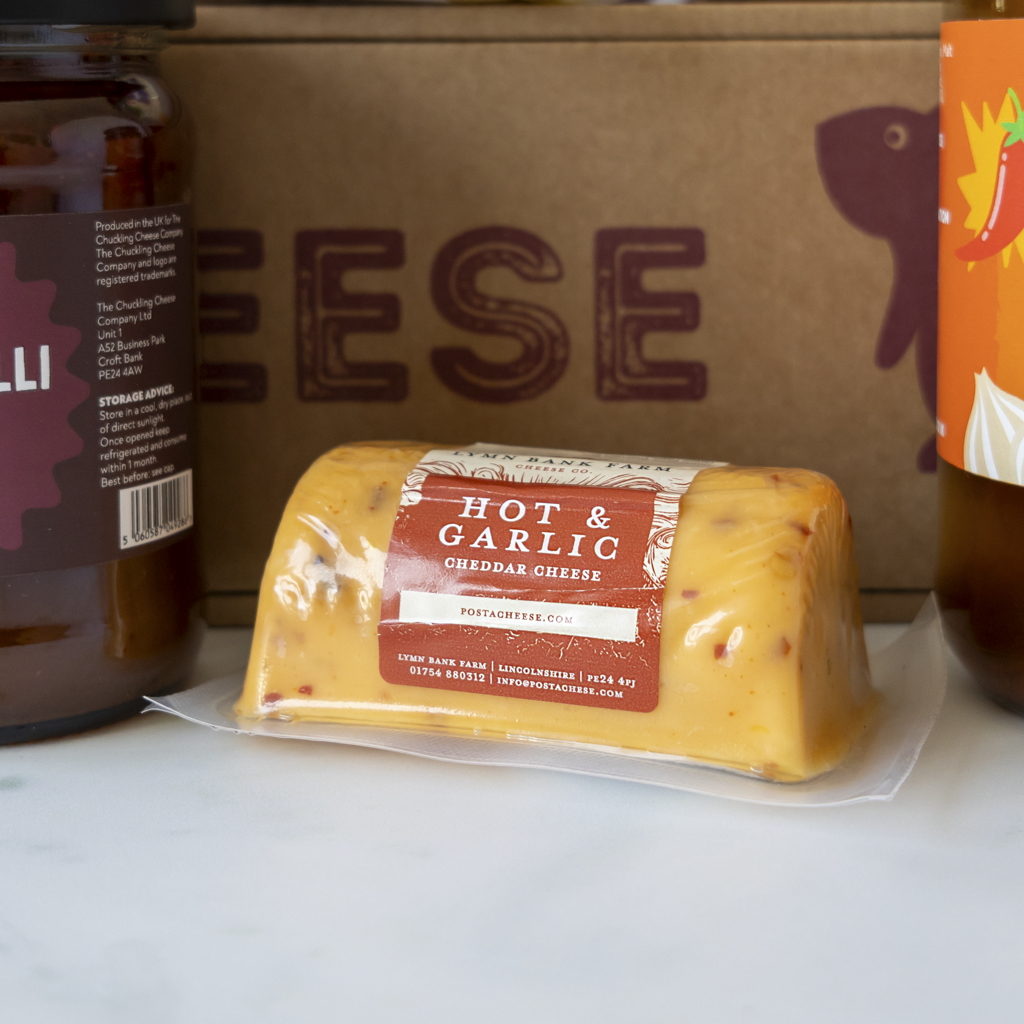 Hot & Garlic Cheddar Barrel close up from Farty Pants Cheese Gift Hamper