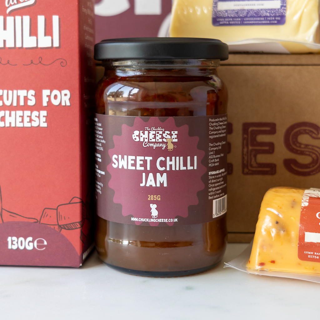 Sweet Chilli Jam jar close up from Farty Pants Cheese Gift Hamper