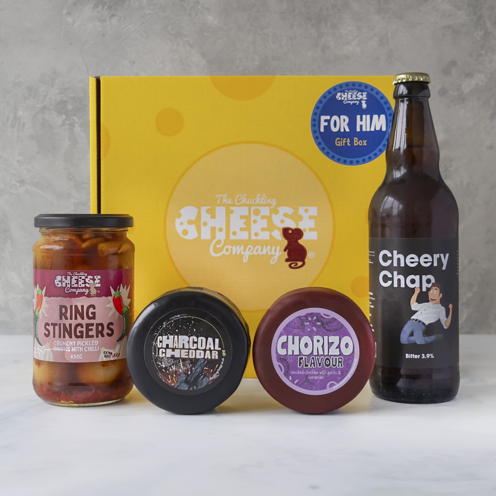 For Him cheese gift box with Charcoal Cheddar, Chorizo Flavour Cheddar, Ring Stingers pickled onions and Cheery Chap bitter.