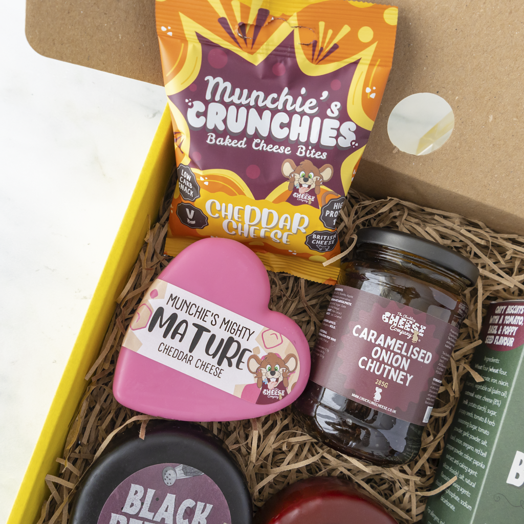 Cheese Queen Gift Box packed with Mighty Mature, Black Pepper and Red Onion cheeses