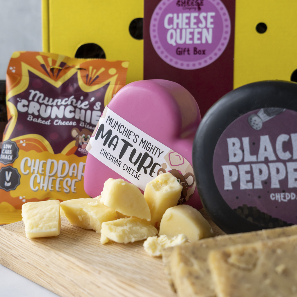 Cheese Queen cheeseboard with chutney, biscuits and sliced cheddar