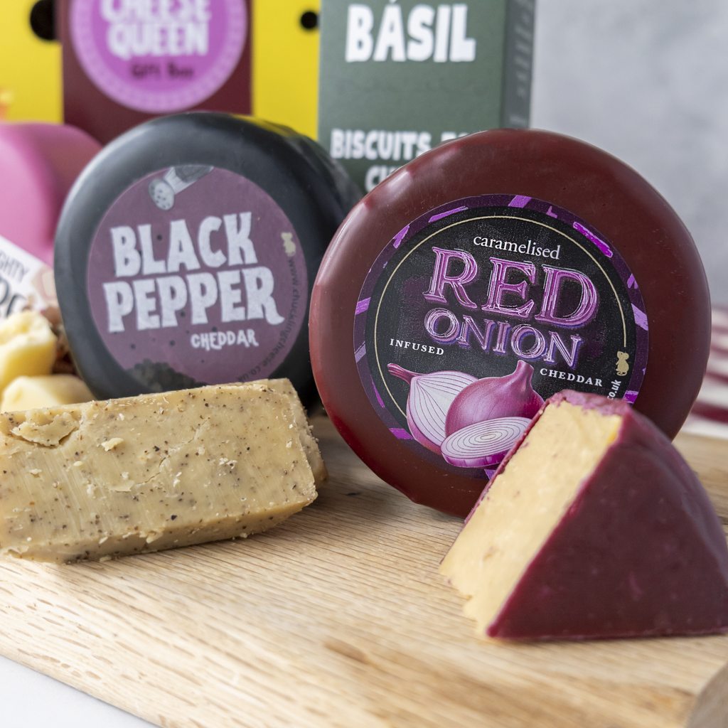Black Pepper and Red Onion Cheddar Truckles with sliced cheese from Cheese Queen box